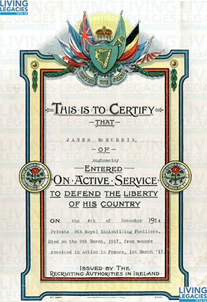 ID777 - Artefacts relating to - James McMurrin Pte - 9th Royal Irish Fusiliers 